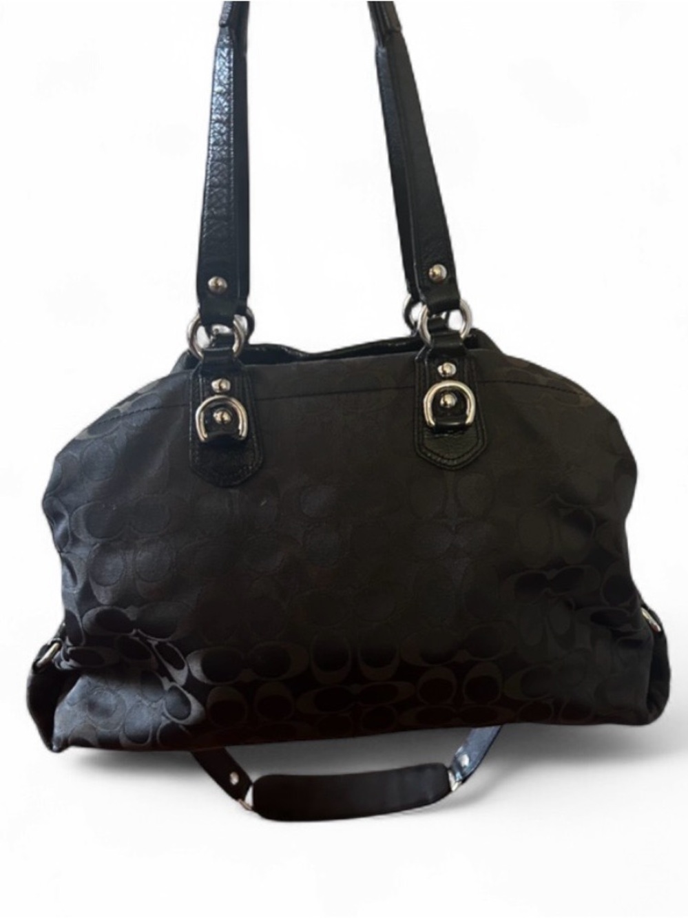 Coach Ashley Signature Black Sateen and Leather Satchel with Silver Hardware - Picture 2 of 11